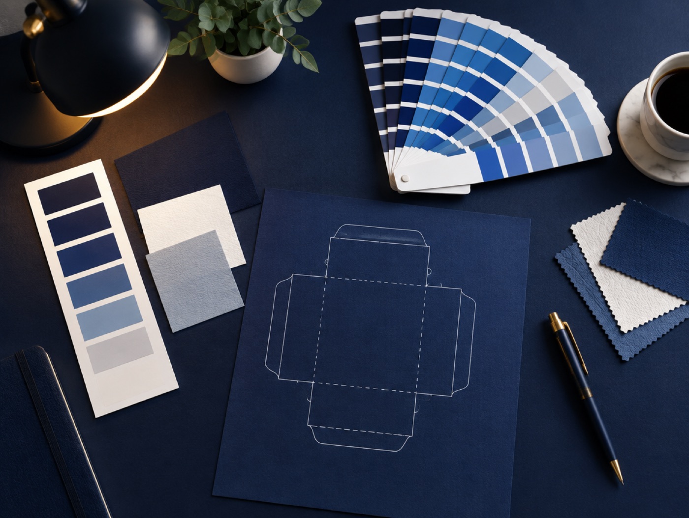 Brand colours and a label die-line on a desk