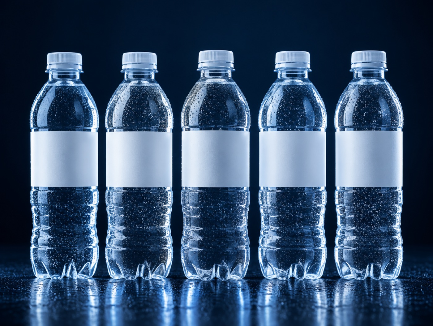 Bottles with blank labels, lit on navy